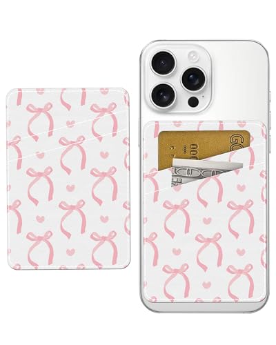 AWHSCP Cute Pink Bow Phone Wallet, Dual Pocket Credit Card Sticky Wallet, Compatible with Most Cell Phones, Adults, Unisex, Faux Leather, Phone Accessory, Compact