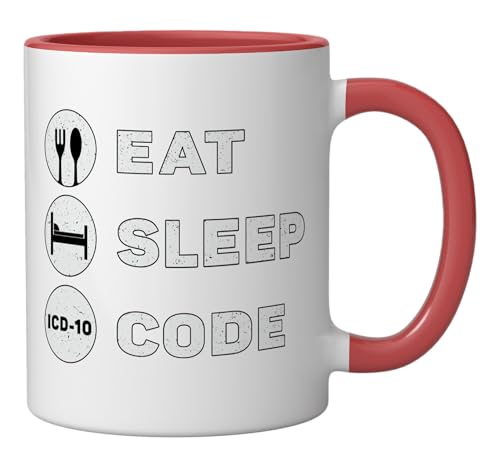 Eat Sleep Code Coding ICD Programmer Assistant Medical Coder Ceramic Mug, Red/White