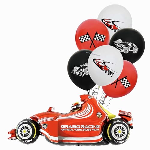 Image of Party Warehouse Racing Car Balloon Set for Birthday - 7 Pieces | Race Theme Foil Balloons for Race Lovers | Tyre & Checkered Flag Balloons for Kids /Adults Party Decorations | Red Car