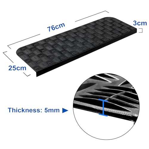 Spurtar 3er Set Stufenmatten Synthetischer Gummi Außen mit Stufenkante, rutschfeste Gummimatte Außenbereich Treppenstufen Matten Antirutsch Treppenteppich Innen Stufenmatte für Treppen 76 x 25cm
