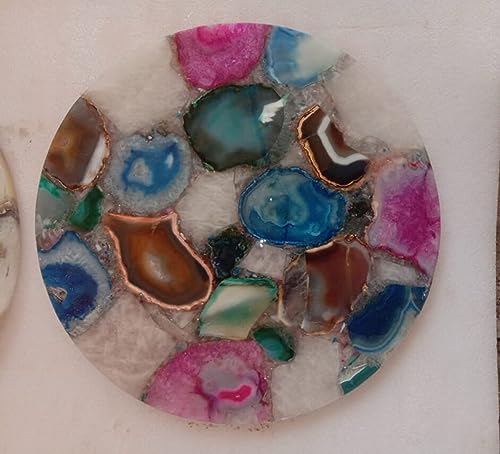 Mesa de centro de piedra de ágata multicolor de 12 x 12 pulgadas, mesa auxiliar de resina redonda para balcón para decoración del hogar y el hotel