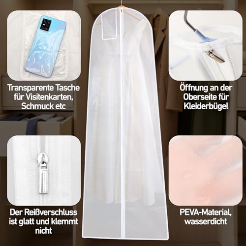 Aerzouser Kleidersack Lang 180 cm，Kleidersack Brautkleid，Kleiderhülle Lang，Mit Reißverschluss, Transparenter Tasche, Staub- und Wasserdicht, Geeignet für Hochzeitskleider, Formelle Kleidung Usw