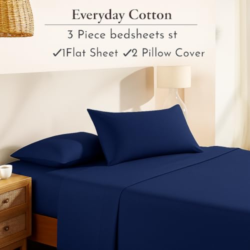 Image of 100% Cotton Printed Bedsheets - Flat Sheet with 2 Pillow Cover Comfortable & Durable Sheet for King Size Bed Navy Blue, 300 TC