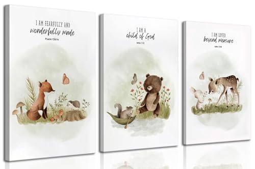 3Pcs Christian Nursery Animal Canvas Wall Art Bible Verse Wall Decor Pictures Religious Watercolor Cute Baby Animals Posters Prints for Kids Boys Girls Room Home Decoration 12x16in