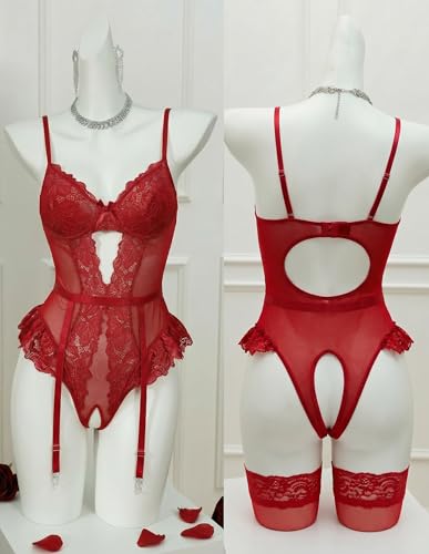 Avidlove Women's Lingerie Sexy Red Bodysuit Mesh Garter Belt Set Lace Teddy Lingerie Sets for Women Sexy(Burgundy,L)