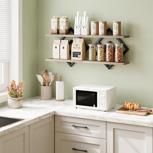 Image of ELYKEN Floating Shelves for Wall, Set of 2 Hanging Shelves, 2-Tier Wall Mounted Storage Shelves for Books & Decor, Perfect for Living Room, Bedroom, Kitchen, Home Office, Study, Greige
