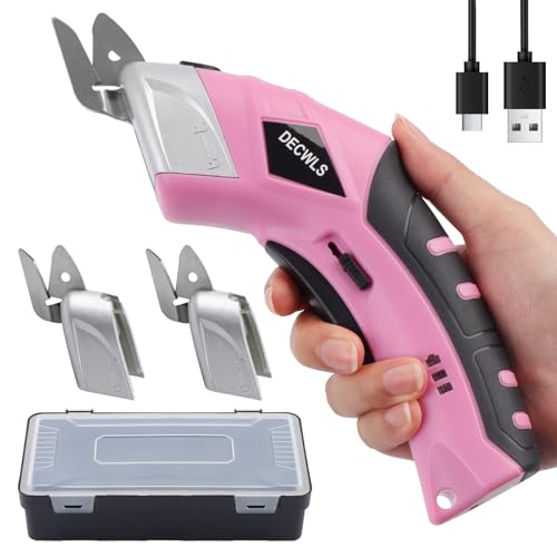 Decwls Cordless Electric Scissors for Fabric with 3 Type Blades, 4V Rechargeable Cardboard Scissors, Powerful Shears with Safety Lock Suitable, Cutting Tool for Carpet, Fabric, Cardboard, Leather-Pink
