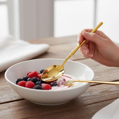 Image of 25 Pcs Gold Cutlery Set for Dining Table the Perfect Lightweight Silim Handle Tableware Including Dinner Spoon, Dinner Fork, Dinner Knife, Dessert Spoon & Dessert Fork