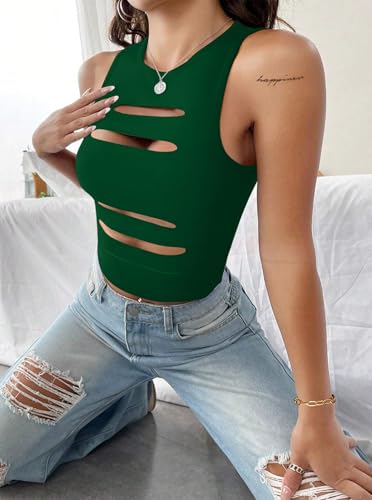 Image of LovelyWholesale Women Sexy Cut Out Crop Tank Tops Crew Neck Summer Sleeveless Top