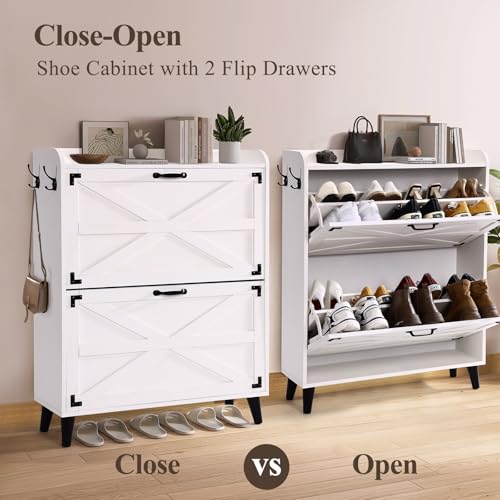 Homdox Shoe Cabinet with 2 Flip Drawers Hidden Slim Shoe Storage Cabinet with Adjustable Shelves Freestanding Farmhouse Narrow Shoe Organizer Cabinet for Entryway Foyer Hallway White