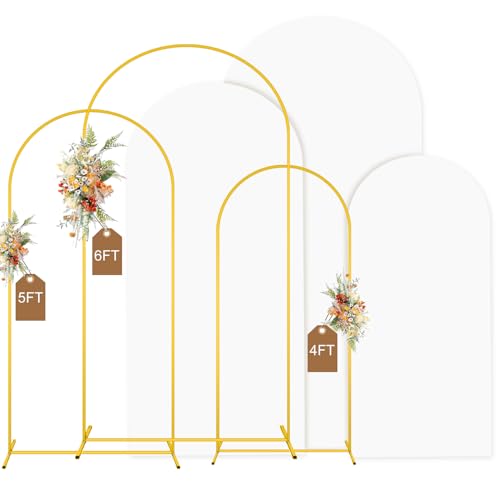 MODFUNS Metal Arch Backdrop Stand and Cover Set 4&5&6ft Gold Arch Backdrop Stand and White Arches Cover Balloon Arched Backdrop Frame with Covers for Wedding Ceremony Birthday Party Decor
