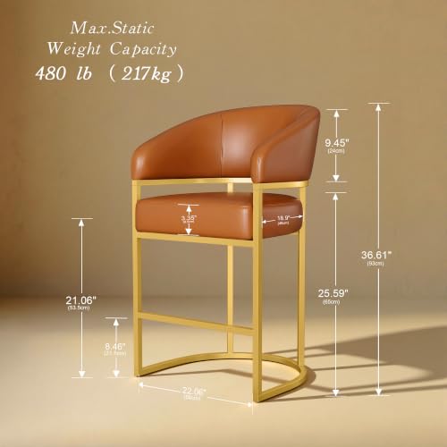 Butacos Modernos de Altura para Isla de Cocina, Juego de 4, Tapizados en Cuero Sintético Marrón Camel con Estructura Metálica Dorada, Soportan 480 lb miniatura 2