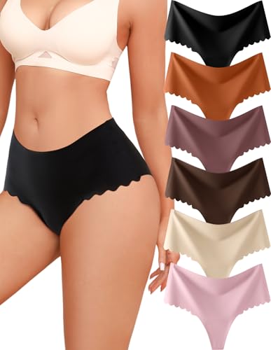 Thongs for Womens High Waisted Seamless Underwear for Women 6 Pack Wave Edge No Show Sexy Panties