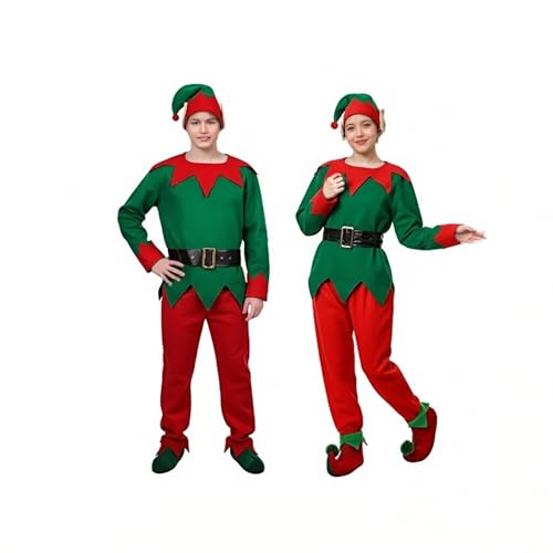 Disfraz de Elfo Unisex para Adultos Disfraz de Navidad Elfo Descarado - TúNica Verde + Pantalón Rojo + Cinturón + Sombrero de Elfos Con Orejas + Zapatos de Lujo Con Pompones - Tamaño: Grande