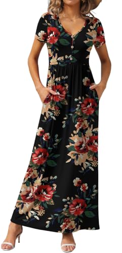 Image of GRECERELLE Womens Summer Long Maxi Dresses 2026 Short Sleeve V Neck Casual Button Dress with Pockets