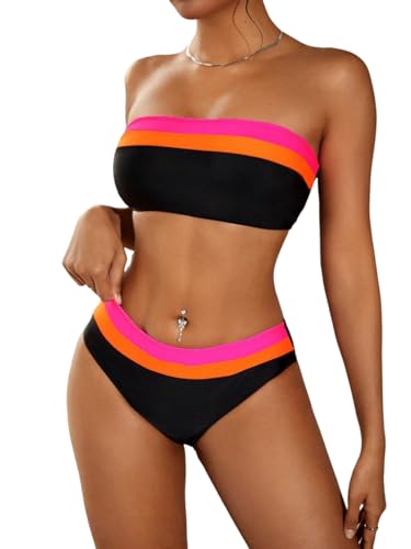 Image of ZAFUL Women's High Cut Bandeau Bikini Set Strapless Solid Color 2 Pieces Bathing Suit Swimsuit (5-Black Red,L), Large