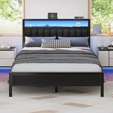 Furnulem Queen Size Bed Frame with Charging Station and LED Lights, Platform Bed with Metal Slats, Grey Upholstered Headboard with 2-Tier Storage Shelves, No Box Spring Needed