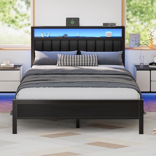 Image of Furnulem Queen Size Bed Frame with Charging Station and LED Lights, Platform Bed with Metal Slats, Grey Upholstered Headboard with 2-Tier Storage Shelves, No Box Spring Needed