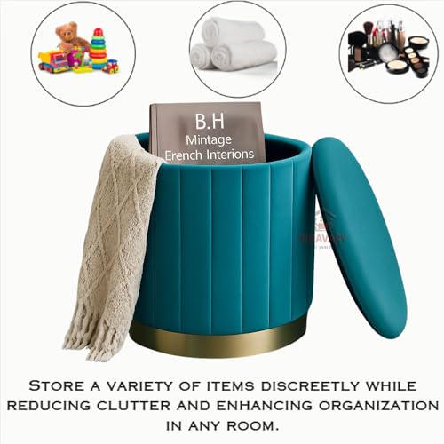 Image of Round Velvet Luxurious Storage Ottoman, Pouf with Storage Vanity Stool Chair,Upholstered Foot Rest Stool with Gold Strip Base for Living Room or Bedroom (Sky, Medium- 36Dx36Wx40H)
