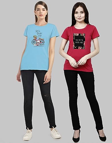 Image of Combo Women's T-Shirts, Cotton Half Sleeves Round-Neck Printed T-Shirt for Girls, & Women Tees (Pack of 2) 960-980-