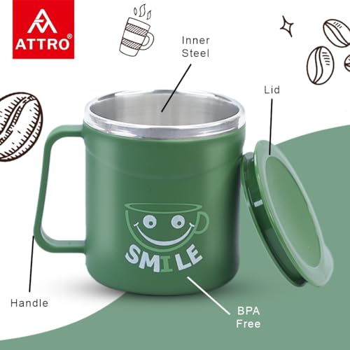 Image of ATTRO Happy Mug Set of 4-Comes with Double Wall Inner Stainless Still & Lid Stylish Cup Ideal for Hot Coffee, Tea - 300ml-Olive Green