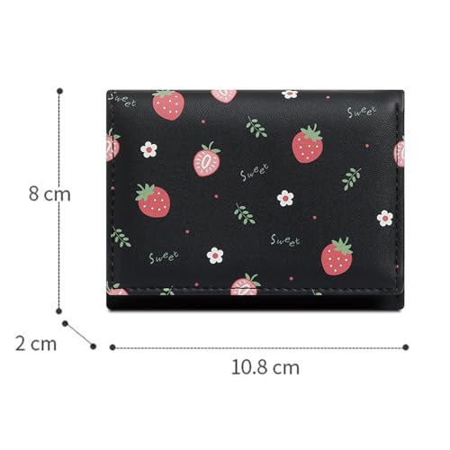 Women Girls Wallet Cute Strawberry Wallet Small Tri-Fold PU Leather Wallets Women Purse Short Trifold Wallets Cash Card Holder Bag (Black)3