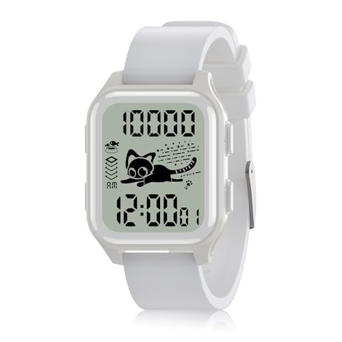 EZON T048 Digital Kids Watch for Teens Girls Boys,Sport Watch with Virtual Pet Cat Step Counter Stopwatch Pedometer Timer Alarm, No App Waterproof Fitness Tracker for Ages 7-18 (White)