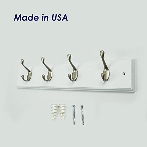 Wall Mounted Coat Rack Hook Rail Rack with 4 Hooks/White - Sturdy & Durable - Made in USA