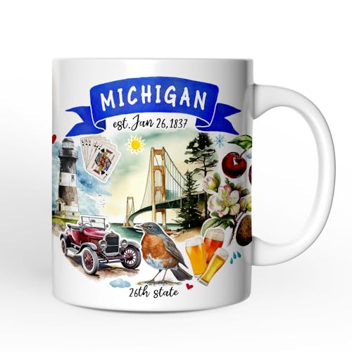 OrnamentallyYou State Travel Landmark Mugs 12 oz Ceramic Coffee Cups U.S. Souvenir Gift for Tourists (Artistic Michigan State Themes and Landmarks Mug)