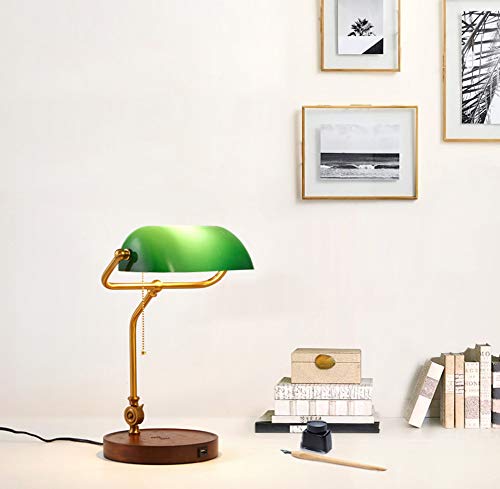 Hsyile Ku300237 Rope Switch Retro Table Lamp With Usb Charging Ports, With Green Retro Glass Lamp Shade For Living Room Bedroom,Bulb Included #TOP2