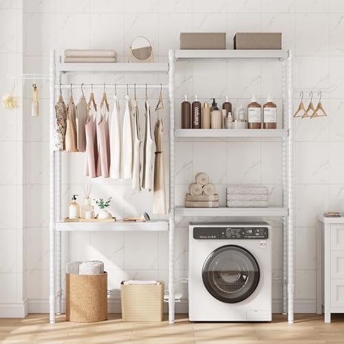 GAOMON Over The Washer and Dryer Storage Shelf, 5-Tier Adjustable Laundry Organizer with Double Layer Wood Shelves for Laundry Room Organization, Whit