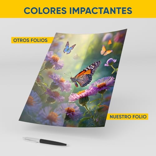 Hoja impresa con colores vibrantes comparativa entre otros folios y papel Brilliant Laser Copy