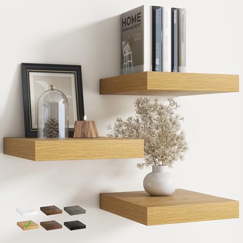 12 Inch Floating Shelves for Wall with Invisible Brackets Set of 3 12D Engineered Wood Wall Shelves with Wood Grain for Living Room Bedroom Bathroom Kitchen Decor and Storage Oak Finish
