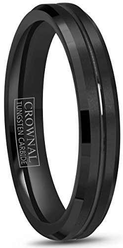 CROWNAL 4mm 6mm 8mm 10mm Black Tungsten Wedding Band Ring Men Women Beveled edges Polished Grooved Center Comfort Fit Size 4 To 17