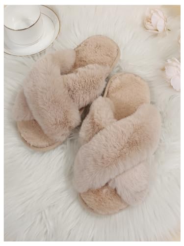 OYOANGLE Women's Cross Band Fuzzy Slippers Furry Open Toe Slip on House Shoes Soft Comfy Slide Slippers2