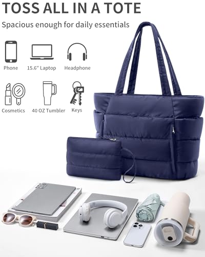 Image of Bagstellar Puffer Tote Bag for Women, Lightweight Puffy Work Handbag Teacher Nurse Quilted Shoulder Bag for School Travel Gym | Cloud Bag w / Zipper