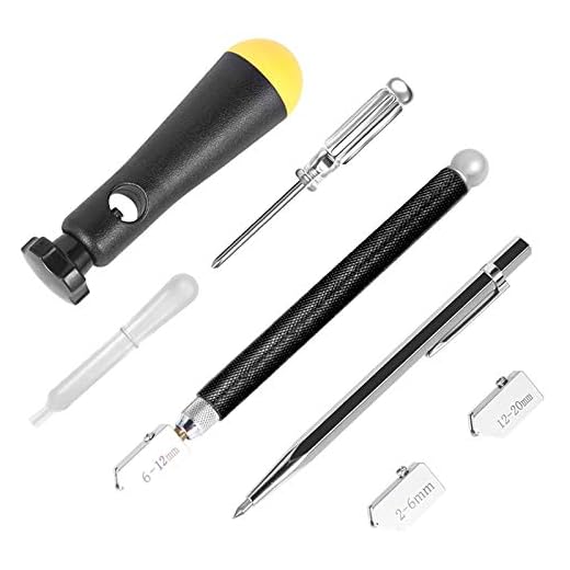 Glass Cutter,2mm-20mm Professional Cutting Tool Kit with Assist Handle & Replacement Heads Pencil Style Oil Feed Carbide Tip for Mosaic/Tiles/Mirror/Stained Glass Cutting (7pcs)