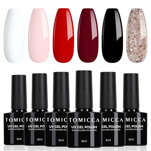 TOMICCA Smalto Semipermanente Set, 6 Colori Rosso Nero Bianco Glitter Series, 8ML Gel Unghie UV/LED Kit, Per La Casa Nail Salone Fai Da