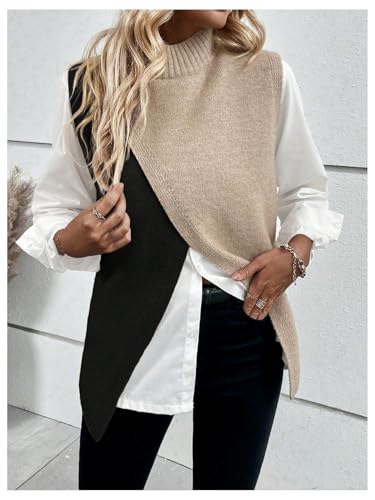 MakeMeChic Women's Sweater Vest Mock Neck Colorblock Wrap Sleeveless Split Hem Fall Tops4