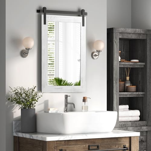 Image of COGOOD Farmhouse Bathroom Mirror - 42 x 29 Rustic Barn Door Style Mirror for Living Room, Entryway, Vanity Wall Decor (White)