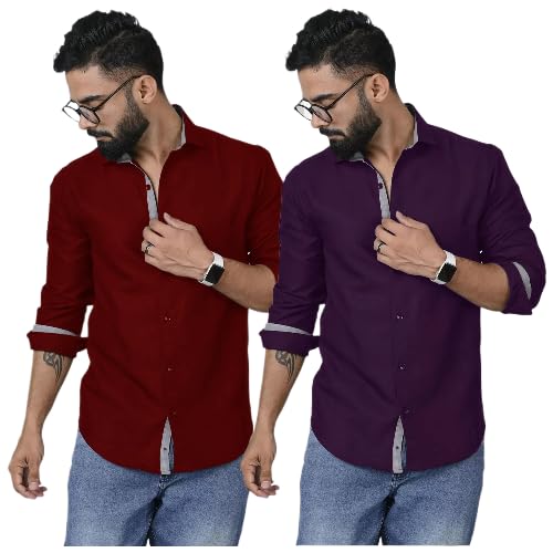 Image of Pinkmint Shirt for Men Cotton Soild Shirt & Spread Collar Long Sleeve Shirt Formal, Travelling