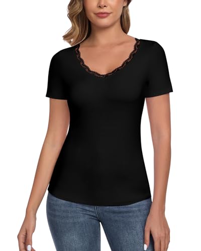 LEYSHE T-Shirt Damen Mit Spitzen V Ausschnitt Slim-Fit Damen Shirt Kurzarm Elegante Oberteile Stretch Casual Bluse Top,Schwarz,2XL