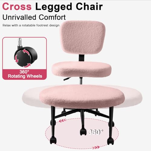 Image of Ergonomic Cross Legged Office Chair，ADHD Chair for Adults，Height Adjustable Meditation Chair with Wheels，Teddy Fabric Yoga Kneeling Chairs with Comfortable Back Support (Pink)