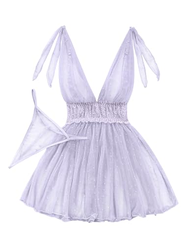 Image of Lilosy Sexy Polka Dots Mesh Sheer Lace Babydoll Chemise Lingerie Set Floral Sleep Wear
