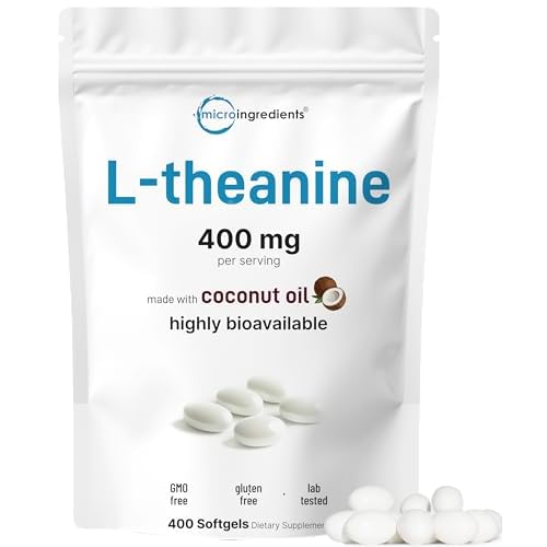 Micro Ingredients L-Theanine 400mg, 400 Softgels | Highly Bioavailable with Coconut Oil | Extra Strength Theanine Amino Acid | Calm & Relaxation Support + Focus Supplement | Non-GMO, Gluten