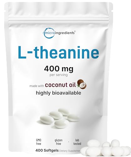 Micro Ingredients L-Theanine 400mg, 400 Softgels | Highly Bioavailable with Coconut Oil | Extra Strength Theanine Amino Acid | Calm & Relaxation Support + Focus Supplement | Non-GMO, Gluten Free