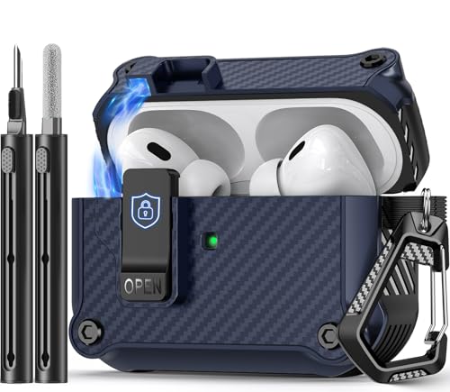 Image of Pohgelan Compatible with AirPods Pro 2nd /1st Case (Blue) | Carbon Fiber Texture,Magnetic Automatic Lock with Cleaning Kit,Compatible with Magsafe