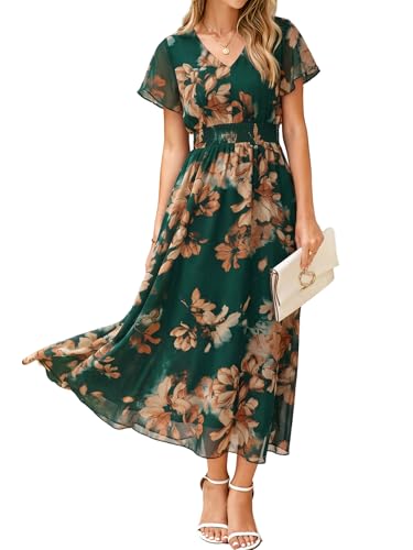 Image of Simplee Womens Floral Maxi Dress - Short Sleeve Summer Boho Wedding Guest Dress Empire Waist Chiffon Modest Midi Dresses