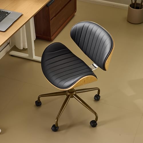 VINGLI Wide Comfotable Swivel Home Office Chair with Wood-Grain Curved Shell,Ergomomic Mid-Back Padded Armless Rolling Desk Chair with Wheels,Height Adjustable for Computer,Task,Work,PU Leather,Black