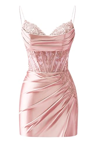 Zeeyecie Beaded Satin Homecoming Dresses 2025 Spaghetti Straps V-Neck Lace Applique Ruched Sparkly Short Prom Dress for Teens